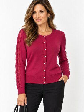 White House Black Market Burgundy Lace Sleeve Cardigan L